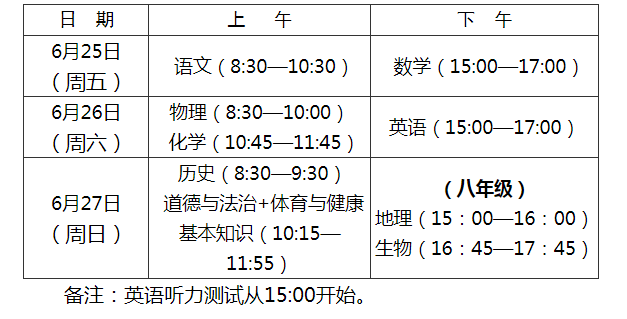 福建2021年中考时间:6月25日-27日