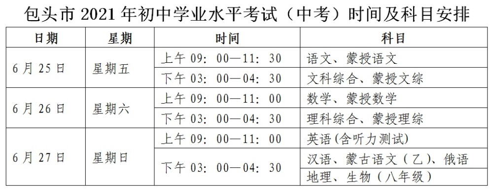 包头2021年中考时间:6月25日-27日